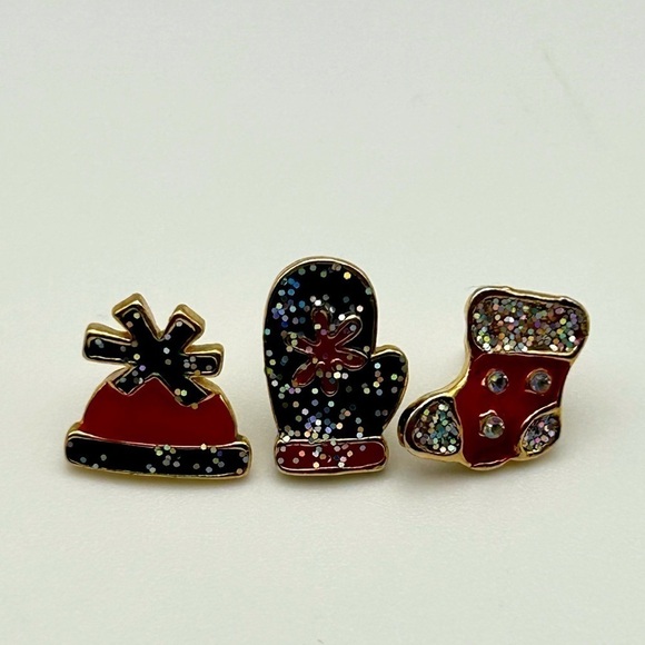 Lot of 3 Small Winter Red & Blue Lapel Pins Snow Christmas Hat, Sock & Stocking - Picture 1 of 5